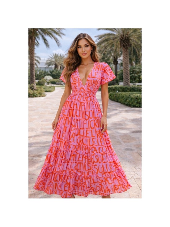 By Anthropologie Dresses & Skirts - MY26 Anthropologie The Somerset Maxi Dress in pink with orange French writing